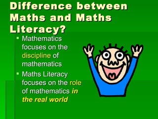 Difference          between
Maths and           Maths
Literacy?
  Mathematics
   focuses on the
   discipline of
   mathematics
  Maths Literacy
   focuses on the role
   of mathematics in
   the real world
 