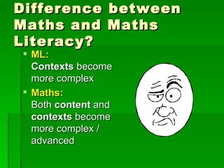 Difference       between
Maths and        Maths
Literacy?
  ML:
   Contexts become
   more complex
  Maths:
   Both content and
   contexts become
   more complex /
   advanced
 