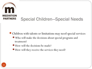 Special Children—Special Needs
11
Children with talents or limitations may need special services
Who will make the decisions about special programs and
treatment?
How will the decisions be made?
How will they receive the services they need?
 