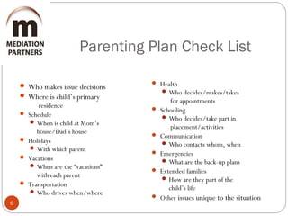 Parenting Plan Check List
6
 Who makes issue decisions
 Where is child’s primary
residence
 Schedule
 When is child at Mom’s
house/Dad’s house
 Holidays
 With which parent
 Vacations
 When are the “vacations”
with each parent
 Transportation
 Who drives when/where
 Health
 Who decides/makes/takes
for appointments
 Schooling
 Who decides/take part in
placement/activities
 Communication
 Who contacts whom, when
 Emergencies
 What are the back-up plans
 Extended families
 How are they part of the
child’s life
 Other issues unique to the situation
 