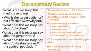 • Parental Alienation is Child Abuse
• Parents, Social Workers, Family
Mediators, Judges, Lawyers, Child
Therapist
• Long term emotional effects
• Poor self-esteem
• Substance abuse
• Eventual loss of alienated parent
• Problems with social connections
• Your anger/resentment is hurting your
child
• PA is unrecognized and needs
awareness
•What is the message this
media is sending?
• Who is the target audience?
Is it effective (why/why not)?
•What does this message say
about/to victims?
•What does this message say
about/to perpetrators?
•What does this message say
about/to bystanders and/or
the general population?
 