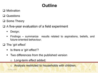 Motivation
 Questions
 Some Theory
 A five-year evaluation of a field experiment
 Design;
 Findings – summarize res...