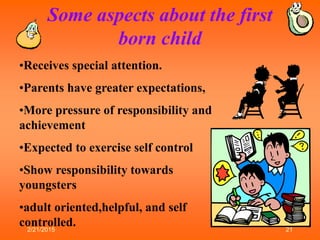 2/21/2015 21
Some aspects about the first
born child
•Receives special attention.
•Parents have greater expectations,
•More pressure of responsibility and
achievement
•Expected to exercise self control
•Show responsibility towards
youngsters
•adult oriented,helpful, and self
controlled.
 