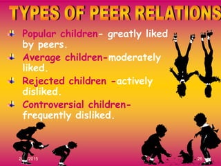 2/21/2015 26
Popular children- greatly liked
by peers.
Average children-moderately
liked.
Rejected children -actively
disliked.
Controversial children-
frequently disliked.
 