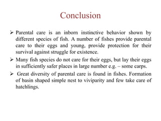 Conclusion
 Parental care is an inborn instinctive behavior shown by
different species of fish. A number of fishes provide parental
care to their eggs and young, provide protection for their
survival against struggle for existence.
 Many fish species do not care for their eggs, but lay their eggs
in sufficiently safer places in large number e.g. – some carps.
 Great diversity of parental care is found in fishes. Formation
of basin shaped simple nest to viviparity and few take care of
hatchlings.
 