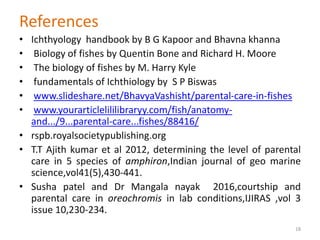References
• Ichthyology handbook by B G Kapoor and Bhavna khanna
• Biology of fishes by Quentin Bone and Richard H. Moore
• The biology of fishes by M. Harry Kyle
• fundamentals of Ichthiology by S P Biswas
• www.slideshare.net/BhavyaVashisht/parental-care-in-fishes
• www.yourarticlelililibraryy.com/fish/anatomy-
and.../9...parental-care...fishes/88416/
• rspb.royalsocietypublishing.org
• T.T Ajith kumar et al 2012, determining the level of parental
care in 5 species of amphiron,Indian journal of geo marine
science,vol41(5),430-441.
• Susha patel and Dr Mangala nayak 2016,courtship and
parental care in oreochromis in lab conditions,IJIRAS ,vol 3
issue 10,230-234.
18
 