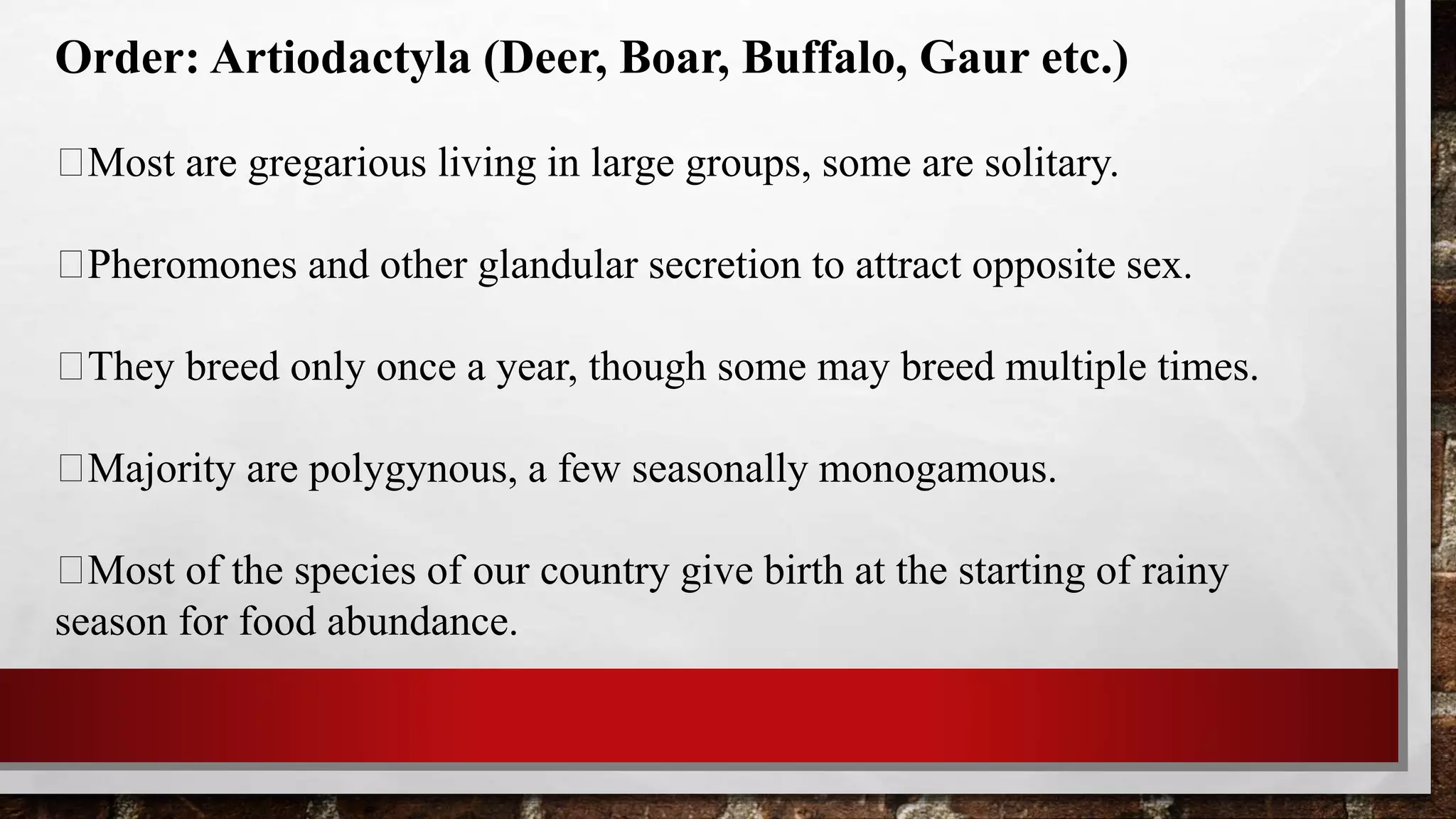 Order: Artiodactyla (Deer, Boar, Buffalo, Gaur etc.)
Most are gregarious living in large groups, some are solitary.
Pheromones and other glandular secretion to attract opposite sex.
They breed only once a year, though some may breed multiple times.
Majority are polygynous, a few seasonally monogamous.
Most of the species of our country give birth at the starting of rainy
season for food abundance.
 