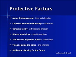 Protective Factors
   A non-drinking parent - time and attention

   Cohesive parental relationship - united front

   Cohesive family - activities and affection

   Rituals maintained - special occasions

   Influence of important others - stable adults

   Things outside the home - own interests

   Deliberate planning for the future              
                                                       Vellerman & Orford
 