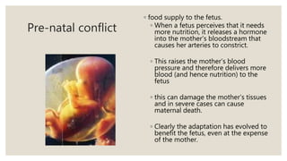 Pre-natal conflict
◦ food supply to the fetus.
◦ When a fetus perceives that it needs
more nutrition, it releases a hormone
into the mother’s bloodstream that
causes her arteries to constrict.
◦ This raises the mother’s blood
pressure and therefore delivers more
blood (and hence nutrition) to the
fetus
◦ this can damage the mother’s tissues
and in severe cases can cause
maternal death.
◦ Clearly the adaptation has evolved to
benefit the fetus, even at the expense
of the mother.
 