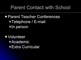Parent Contact with School <ul><li>Parent Teacher Conferences </li></ul><ul><ul><li>Telephone / E-mail </li></ul></ul><ul>...