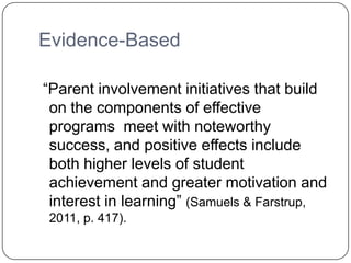 Evidence-Based

“Parent involvement initiatives that build
 on the components of effective
 programs meet with noteworthy
 success, and positive effects include
 both higher levels of student
 achievement and greater motivation and
 interest in learning” (Samuels & Farstrup,
 2011, p. 417).
 