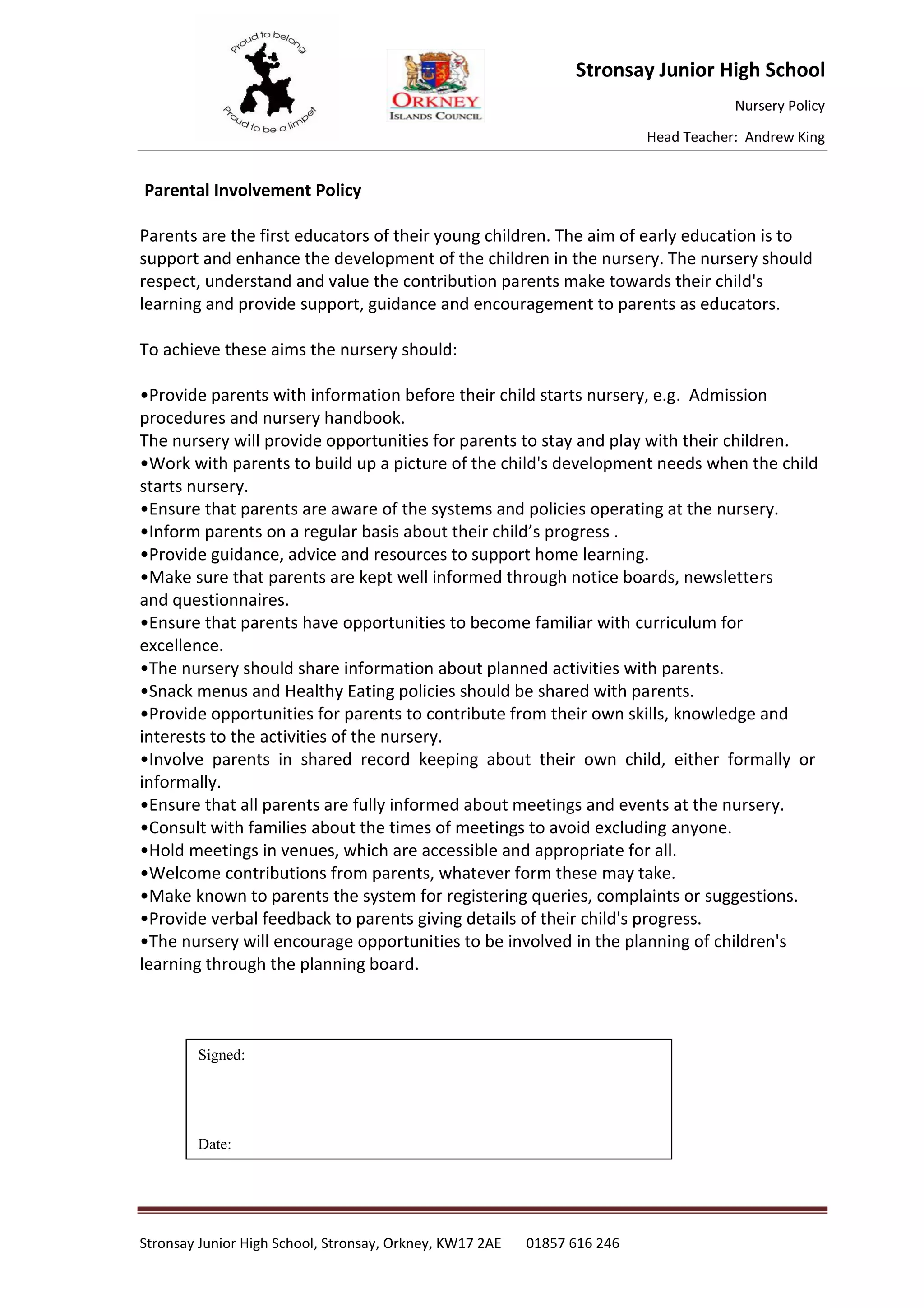 Parental involvement policy nursery PDF