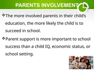 PARENTS INVOLVEMENT
The more involved parents in their child’s
education, the more likely the child is to
succeed in school.
Parent support is more important to school
success than a child IQ, economic status, or
school setting.
 