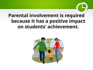Parental involvement is required
because it has a positive impact
on students’ achievement.
 