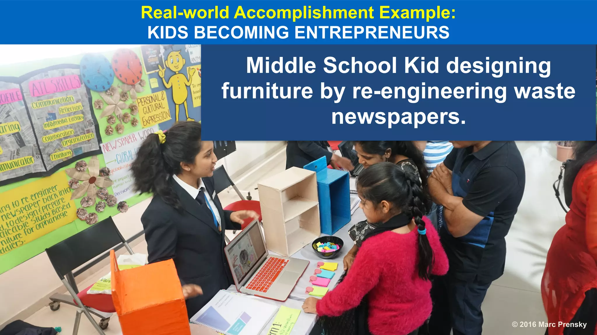 Middle School Kid designing
furniture by re-engineering waste
newspapers.
Real-world Accomplishment Example:
KIDS BECOMING ENTREPRENEURS
© 2016 Marc Prensky
 