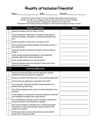 Quality of Inclusion Checklist
      Class:____________________ Date:_____________ Teacher:_________________

                 *Checks in the box marked “Y” for yes indicate high quality inclusive practices.
                Checks in the “N” for no, suggest an area in which improvement may be possible.
                         Skip items that do not apply to the student you are observing.
             Remember that increasing active participation in the classroom begins one step at a time!

Y N                       Physical Presence                                              Notes
      Does the student arrive to class on time?

      Have all physical needs been met before class begins?              ____________________________
      (toileting, feeding, medications, splint/brace adjustments
      etc.)                                                              ____________________________
      Does the student choose his or her place to sit?
                                                                         ____________________________
      Do the adults avoid sitting between the student and his or
      her classmates?                                                    ____________________________
      Does this student’s placement support visual or hearing
                                                                         ____________________________
      needs?
      Is the student actively participating in the classroom             ____________________________
      activities rather than merely observing?
                                                                         ____________________________
      Is the student attentive and not disruptive?
      Does the student leave the classroom at the end of the             ____________________________
      period and not before?
Y N                      Learning Objectives

      Have the special educator and the classroom teacher
      established learning objectives together?
                                                                         __________________________
      Does the student understand his or her learning objectives?
      Are the learning objectives connected to the IEP?                  __________________________
      Is an educator asking the student content questions to
      assess learning each day?                                          __________________________
      Are informal assessments used to monitor learning for this         __________________________
      student?
      Is the student’s involvement in learning activities monitored      __________________________
      and facilitated throughout the class period?
      Are modifications (changes what a student is expected to           __________________________
      know) provided for this student as needed?
                                                                         __________________________
      Are accommodations (changes how a student accesses
      information or demonstrates learning) provided for this
                                                                         __________________________
      student as needed?
      Do the educators communicate about how the student
      performed in class each day?
 