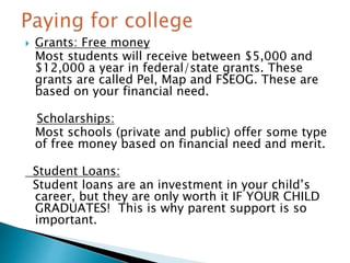  Grants: Free money 
Most students will receive between $5,000 and 
$12,000 a year in federal/state grants. These 
grants are called Pel, Map and FSEOG. These are 
based on your financial need. 
Scholarships: 
Most schools (private and public) offer some type 
of free money based on financial need and merit. 
Student Loans: 
Student loans are an investment in your child’s 
career, but they are only worth it IF YOUR CHILD 
GRADUATES! This is why parent support is so 
important. 
 