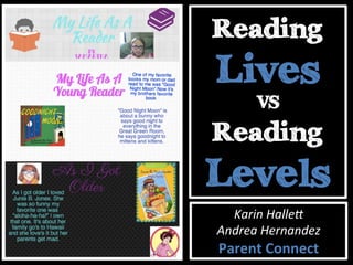 Reading
Lives
VS
Reading
Levels
Karin	
  Halle*	
  
Andrea	
  Hernandez	
  
Parent	
  Connect	
  
 