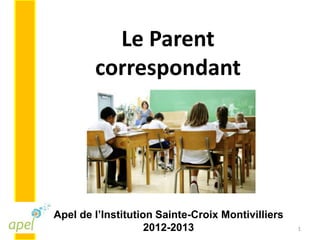 Le Parent
        correspondant




Apel de l’Institution Sainte-Croix Montivilliers
                    2012-2013                      1
 
