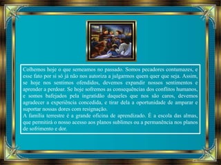 Colhemos hoje o que semeamos no passado. Somos pecadores contumazes, e 
esse fato por si só já não nos autoriza a julgarmos quem quer que seja. Assim, 
se hoje nos sentimos ofendidos, devemos expandir nossos sentimentos e 
aprender a perdoar. Se hoje sofremos as consequências dos conflitos humanos, 
e somos bafejados pela ingratidão daqueles que nos são caros, devemos 
agradecer a experiência concedida, e tirar dela a oportunidade de amparar e 
suportar nossas dores com resignação. 
A família terrestre é a grande oficina de aprendizado. É a escola das almas, 
que permitirá o nosso acesso aos planos sublimes ou a permanência nos planos 
de sofrimento e dor. 
 