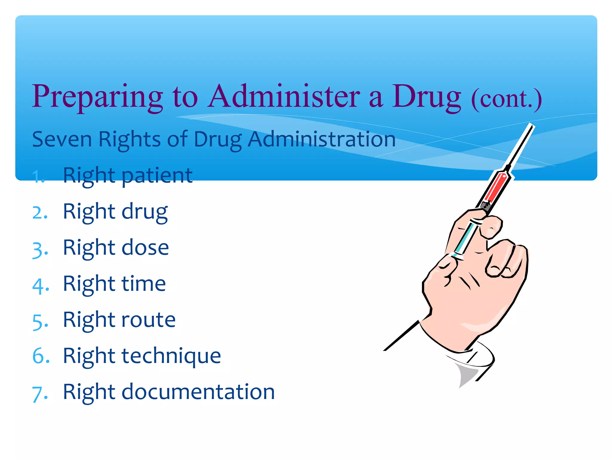 Preparing to Administer a Drug (cont.)
Seven Rights of Drug Administration
1. Right patient
2. Right drug
3. Right dose
4. Right time
5. Right route
6. Right technique
7. Right documentation

 