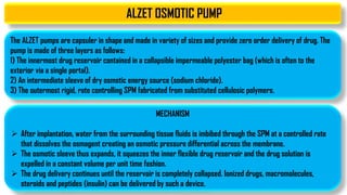 ALZET OSMOTIC PUMP
The ALZET pumps are capsuler in shape and made in variety of sizes and provide zero order delivery of drug. The
pump is made of three layers as follows:
1) The innermost drug reservoir contained in a collapsible impermeable polyester bag (which is often to the
exterior via a single portal).
2) An intermediate sleeve of dry osmotic energy source (sodium chloride).
3) The outermost rigid, rate controlling SPM fabricated from substituted cellulosic polymers.
MECHANISM
 After implantation, water from the surrounding tissue fluids is imbibed through the SPM at a controlled rate
that dissolves the osmagent creating an osmotic pressure differential across the membrane.
 The osmotic sleeve thus expands, it squeezes the inner flexible drug reservoir and the drug solution is
expelled in a constant volume per unit time fashion.
 The drug delivery continues until the reservoir is completely collapsed. Ionized drugs, macromolecules,
steroids and peptides (insulin) can be delivered by such a device.
 
