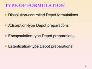 TYPE OF FORMULATION Dissolution-controlled Depot formulations Adsorption-type Depot preparations Encapsulation-type Depot preparations Esterification-type Depot preparations 