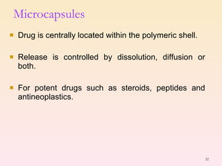 Drug is centrally located within the polymeric shell. Release is controlled by dissolution, diffusion or both. For potent drugs such as steroids, peptides and antineoplastics. Microcapsules 