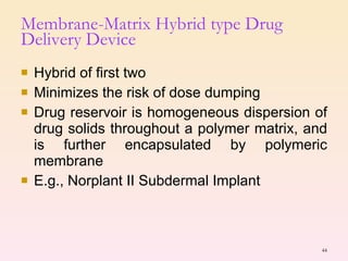 Hybrid of first two Minimizes the risk of dose dumping  Drug reservoir is homogeneous dispersion of drug solids throughout a polymer matrix, and is further encapsulated by polymeric membrane E.g., Norplant II Subdermal Implant Membrane-Matrix Hybrid type Drug Delivery Device 