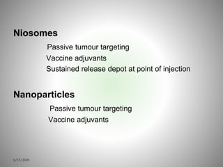 Niosomes
Passive tumour targeting
Vaccine adjuvants
Sustained release depot at point of injection
Nanoparticles
Passive tumour targeting
Vaccine adjuvants
6/15/2020
 