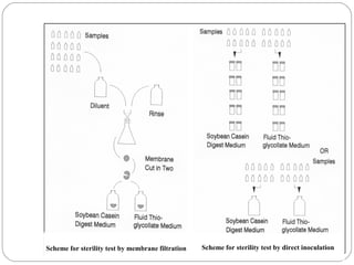 Scheme for sterility test by membrane filtration   Scheme for sterility test by direct inoculation
 