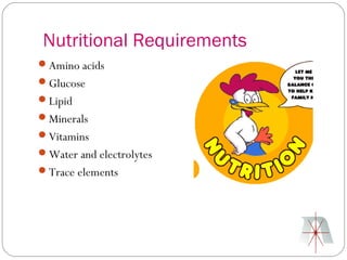 Nutritional Requirements
Amino acids
Glucose
Lipid
Minerals
Vitamins
Water and electrolytes
Trace elements
 