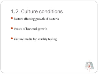 1.2. Culture conditions
Factors affecting growth of bacteria


Phases of bacterial growth


Culture media for sterility testing
 
