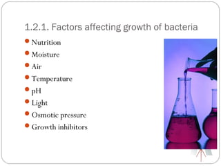 1.2.1. Factors affecting growth of bacteria
Nutrition
Moisture
Air
Temperature
pH
Light
Osmotic pressure
Growth inhibitors
 