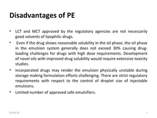 Disadvantages of PE
• LCT and MCT approved by the regulatory agencies are not necessarily
good solvents of lipophilic drugs.
• Even if the drug shows reasonable solubility in the oil phase, the oil phase
in the emulsion system generally does not exceed 30% causing drug-
loading challenges for drugs with high dose requirements. Development
of novel oils with improved drug solubility would require extensive toxicity
studies.
• Incorporated drugs may render the emulsion physically unstable during
storage making formulation efforts challenging. There are strict regulatory
requirements with respect to the control of droplet size of injectable
emulsions.
• Limited number of approved safe emulsifiers.
01/03/16 7
 