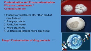 What are contaminants ?
Contaminants are
1.Products or substances other than product
manufactured
1. Foreign products
2. Particulate matter
3. Micro-organisms
4. Endotoxins (degraded micro-organisms)
Contamination and Cross contamination
Fungal Contamination of drug products
 