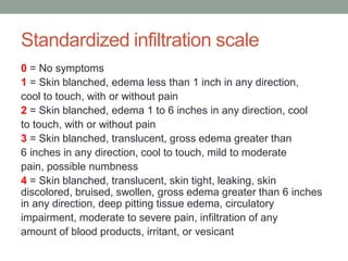 Standardized infiltration scale
0 = No symptoms
1 = Skin blanched, edema less than 1 inch in any direction,
cool to touch, with or without pain
2 = Skin blanched, edema 1 to 6 inches in any direction, cool
to touch, with or without pain
3 = Skin blanched, translucent, gross edema greater than
6 inches in any direction, cool to touch, mild to moderate
pain, possible numbness
4 = Skin blanched, translucent, skin tight, leaking, skin
discolored, bruised, swollen, gross edema greater than 6 inches
in any direction, deep pitting tissue edema, circulatory
impairment, moderate to severe pain, infiltration of any
amount of blood products, irritant, or vesicant
 