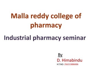 Malla reddy college of
pharmacy
Industrial pharmacy seminar
By
D. Himabindu
H.T.NO: 256213886006
 