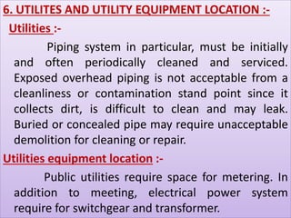 6. UTILITES AND UTILITY EQUIPMENT LOCATION :- 
Utilities :- 
Piping system in particular, must be initially 
and often periodically cleaned and serviced. 
Exposed overhead piping is not acceptable from a 
cleanliness or contamination stand point since it 
collects dirt, is difficult to clean and may leak. 
Buried or concealed pipe may require unacceptable 
demolition for cleaning or repair. 
Utilities equipment location :- 
Public utilities require space for metering. In 
addition to meeting, electrical power system 
require for switchgear and transformer. 
 