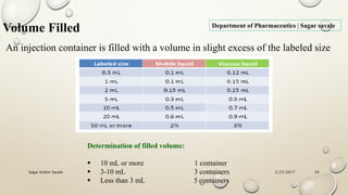 2/27/2017Sagar Kishor Savale 55
Department of Pharmaceutics | Sagar savale
Volume Filled
An injection container is filled with a volume in slight excess of the labeled size
Determination of filled volume:
 10 mL or more 1 container
 3-10 mL 3 containers
 Less than 3 mL 5 containers
 