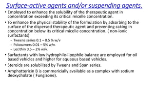 Surface-active agents and/or suspending agents.
• Employed to enhance the solubility of the therapeutic agent in
concentration exceeding its critical micelle concentration.
• To enhance the physical stability of the formulation by adsorbing to the
surface of the dispersed therapeutic agent and preventing caking in
concentration below its critical micelle concentration. ( non-ionic
surfactants)
- Tweens series 0.1 – 0.5 % w/v
- Poloxamers 0.01 – 5% w/v.
- Lecithin 0.5 – 2% w/v.
• Surfactants with low hydrophile-lipophile balance are employed for oil
based vehicles and higher for aqueous based vehicles.
• Steroids are solubilized by Tweens and Span series.
• Amphottericin B is commericially available as a complex with sodium
deoxycholate ( Fungizone).
 