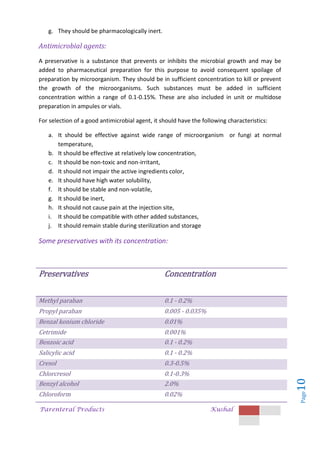 Parenteral Products Kushal
Page
10
g. They should be pharmacologically inert.
Antimicrobial agents:
A preservative is a substance that prevents or inhibits the microbial growth and may be
added to pharmaceutical preparation for this purpose to avoid consequent spoilage of
preparation by microorganism. They should be in sufficient concentration to kill or prevent
the growth of the microorganisms. Such substances must be added in sufficient
concentration within a range of 0.1-0.15%. These are also included in unit or multidose
preparation in ampules or vials.
For selection of a good antimicrobial agent, it should have the following characteristics:
a. It should be effective against wide range of microorganism or fungi at normal
temperature,
b. It should be effective at relatively low concentration,
c. It should be non-toxic and non-irritant,
d. It should not impair the active ingredients color,
e. It should have high water solubility,
f. It should be stable and non-volatile,
g. It should be inert,
h. It should not cause pain at the injection site,
i. It should be compatible with other added substances,
j. It should remain stable during sterilization and storage
Some preservatives with its concentration:
Preservatives Concentration
Methyl paraban 0.1 - 0.2%
Propyl paraban 0.005 - 0.035%
Benzal konium chloride 0.01%
Cetrimide 0.001%
Benzoic acid 0.1 - 0.2%
Salicylic acid 0.1 - 0.2%
Cresol 0.3-0.5%
Chlorcresol 0.1-0.3%
Benzyl alcohol 2.0%
Chloroform 0.02%
 