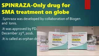 SPINRAZA-Only drug for
SMA treatment on globe
.Spinraza was developed by collaboration of Biogen
and Ionis.
.It was approved by FDA for SMA treatment on
December 23rd ,2016.
.It is called as orphan drug.
 