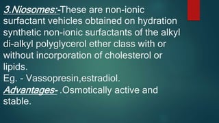 3.Niosomes:-These are non-ionic
surfactant vehicles obtained on hydration
synthetic non-ionic surfactants of the alkyl
di-alkyl polyglycerol ether class with or
without incorporation of cholesterol or
lipids.
Eg. - Vassopresin,estradiol.
Advantages- .Osmotically active and
stable.
 