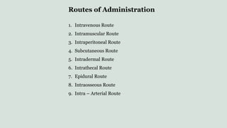 Routes of Administration
1. Intravenous Route
2. Intramuscular Route
3. Intraperitoneal Route
4. Subcutaneous Route
5. Intradermal Route
6. Intrathecal Route
7. Epidural Route
8. Intraosseous Route
9. Intra – Arterial Route
 