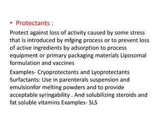 • Protectants :
Protect against loss of activity caused by some stress
that is introduced by mfging process or to prevent loss
of active ingredients by adsorption to process
equipment or primary packaging materials Liposomal
formulation and vaccines
Examples- Cryoprotectants and Lyoprotectants
Surfactants: Use in parenterals suspension and
emulsionfor melting powders and to provide
acceptable syringability . And solubilizing steroids and
fat soluble vitamins Examples- SLS
 