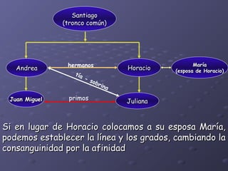 Santiago
                   Santiago
                (tronco común)
               (tronco común)




                 hermanos                            María
  Andrea
  Andrea                            Horacio   (esposa de Horacio)
                   tía
                       -s
                          obr
                              ina

 Juan Miguel     primos             Juliana



Si en lugar de Horacio colocamos a su esposa María,
podemos establecer la línea y los grados, cambiando la
consanguinidad por la afinidad
 