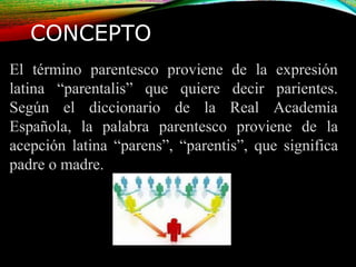 El término parentesco proviene de la expresión
latina “parentalis” que quiere
Según el diccionario de la
decir
Real
parientes.
Academia
Española, la palabra parentesco proviene de la
acepción latina “parens”, “parentis”, que significa
padre o madre.
CONCEPTO
 