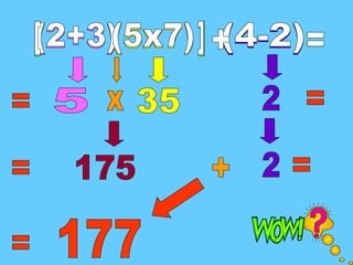 (2+3) (5x7) (4-2) [ ] + = [ ] + = = 5 35 2 = x 175 2 = = 177 (2+3) (5x7) (4-2) [ ] + = + 