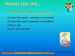  Dinner Plate-plastic, aluminium, non-breakable
 Cereal Bowl-plastic, aluminium, non-breakable
 Mug or cup
 Knife, fork and spoon
Year 6 Camp 2011
 